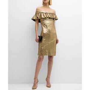 NWT SHO Tadashi Shoji Liquid Gold Sequin Off the Shoulder Mini Dress